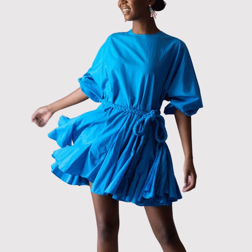 Rhode Mini Dress Blue Ella Braided Waist Tie Dolman Sleeve Loose Flouncy XS